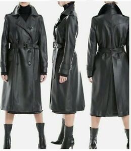 MAX STUDIO FAUX Leather Black Long Double Breasted Belted Trench Coat Size XL
