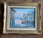 Antique oil painting on canvas original framed art sailboat dock ships seagulls