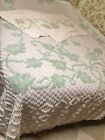 Chenille Bedspread + Cases Floral EUC White Green Vintage 96x100” Full/Queen