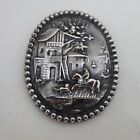 Large Oval Vintage Silver Repousse Scenic Horse Dog Man Tavern Brooch Pin