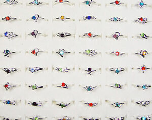 100Pcs Wholesale Lot Silver Plated Alloy Ring Women Mix Color Rhinestone Jewelry