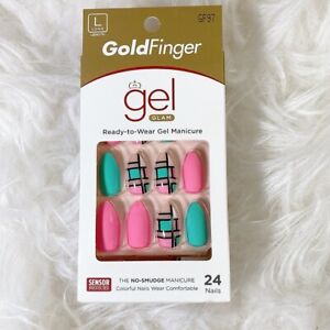 Kiss Goldfinger Gel Glam Nails Pink Green Squares Long Glue On