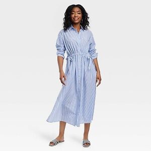 Women's Long Sleeve Cinch Waist Maxi Shirtdress - Universal Thread Blue Striped