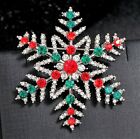 Holiday Star SNOWFLAKE Red Green Rhinestone Christmas Gift Vintage Style Brooch