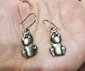 Frog earrings pewter hook signed pair Chelsea