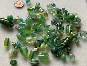 Large lot of Beads Mostly Shades of Green ~ Various Sizes & Shapes