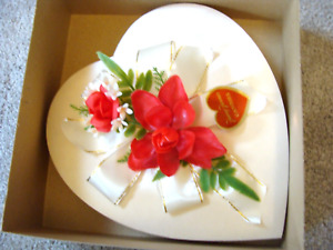 Vintage Candy Heart Box White Satin with Valentine's Ribbons & Roses + Outer Box