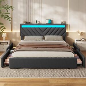 King Size LED Bed Frame with 4 Drawers Platform Upholstered Bed with Storage
