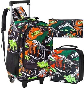 3PCS Kids Rolling Backpack for Boys, Dinosaur Roller Wheeled Bookbag Toddler El