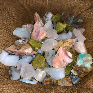 1000 Carat Lot of Mixed Opal (Green, Blue, Pink, Clear) Rough + FREE Faceted Gem
