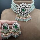 Cz Bollywood South Indian Style Wedding Green Kundan Choker Bridal Necklace Sets