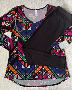 Lularoe Outfit Lynnae Large Black Multicolor Stained Glass & TC Solid Leggings