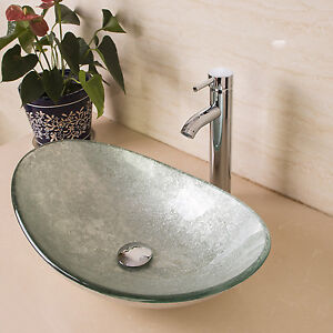Bathroom Oval Tempered Glass Vessel Sink Bowl w/Chrome Faucet&Pop-up Drain Combo