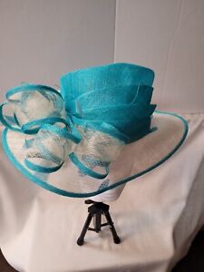 Kakyco Blue Sinamay Wide Brimmed Off Face Hat Bow & Feather
