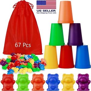 67-pc Rainbow Colored Counting Bears with Cups Sorting Educational Toys for Kids