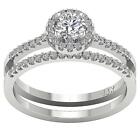 Halo Wedding Bridal Ring Set Lab Grown Diamond VS1 F 1.00 Carat 14K White Gold