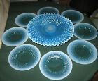 FENTON BLUE HOBNAIL OPALESCENT ART GLASS CAKE PEDESTAL STAND + 8 DESSERT PLATES