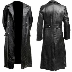 Men's German Classic Ww2 Military Uniform Officer Black Real Leather Trench Coat