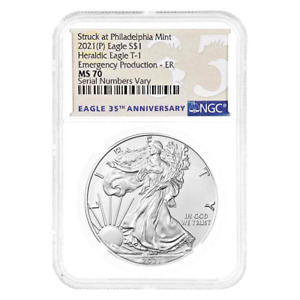 2021 (P) SILVER EAGLE NGC MS70 EMERGENCY ISSUE 35th Anniversary Label