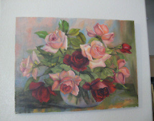 Old Original Oil Painting Canvas Vintage Roses 24x 18” Shabby & Chic Signed