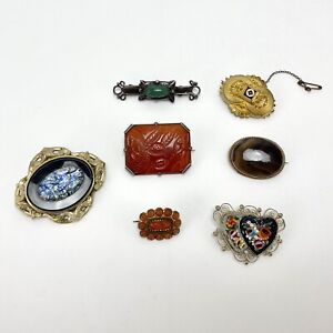 Lot of 7 Antique Jewelry Brooches Art Deco Victorian Coral Mourning Agate