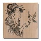 Mounted Rubber Stamp, GEISHA WITH BIRD, Japanese, Lady, Asian, Japan, Kimono,Fly