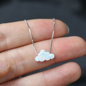 Dainty White Opal Stone Cloud Pendant Minimalist Opal Necklace Sterling Silver