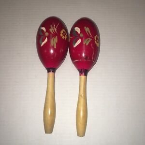 Wooden Painted Red Maracas Hand Carved Flowers Shakers Percussion 10” Lot Of 2