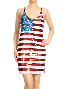 Womens Stripe Strap Sleeveless USA American Flag Patriotic Sequin Party Dress
