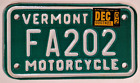 New ListingVermont Expired Motorcycle License Plate  #FA202  ---- NO RESERVE AUCTION ---