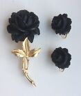 Accessocraft NYC 3D Black Rose Brooch & Clip on Earring Set