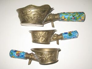 Lot of 3 Vintage 1960's Brass Chinese Silk Iron with Enamel Cloisonne Handle