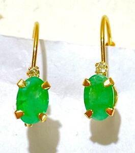 14kt Yellow Gold Leverback Earrings 1.25 Carat Natural Emeralds & Diamond.