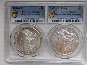 1884-CC & 2021-CC Morgan Dollar Set 90% 99.9% Silver PCGS UNC Details MS69