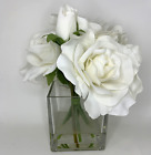 Silk White Roses Artificial Flower Arrangement Cube Glass Vase Faux Water