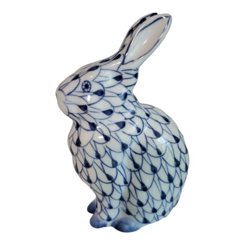 Andrea by Sadek Blue and White Fishnet Porcelain Sitting Bunny Rabbit