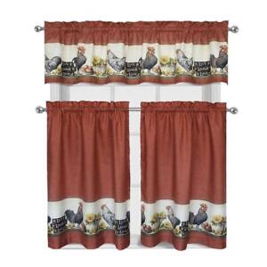 3 Piece Rooster Window Treatment Kitchen Curtain Panel Tier & Valance Set