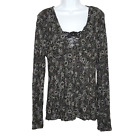 Arianne Floral Top Shirt XL Black Gray Lace V Neck Empire Waist Flowers