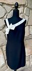 Talbots Sheath Dress Size 10 12 Black One Shoulder White Satin Trim Straight
