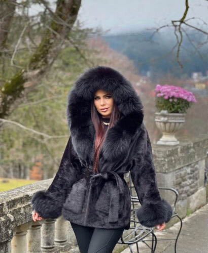 Black Alcantara fabric women jacket Hood and Cuffs Fox Fur Coat