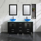 60 in Free-standing Double Bathroom Vanity w/ Glass Top Two Vessel Sink Set