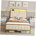 Size Bed Frame with LED Light and Charging Station, Upholstered Headboard Twin