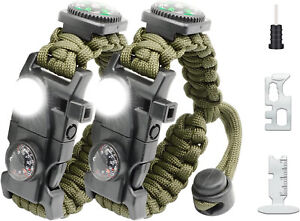Paracord Survival Bracelet Adjustable Fire Starter Compass Whistle green (2pack)