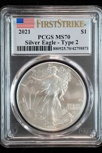 2021 Type 2 American Silver Eagle PCGS MS-70 First Strike