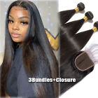 Straight Peruvian 3Bundles Weft Human Hair WITH Lace Closure Pre Plucekd Weft 8A