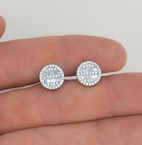 Men’s Solid Sterling Silver Iced CZ Hip Hop Stud Earrings Round Baguette
