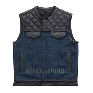 Leather Motorcycle Vest Club Diamond Quilted Black Paisley Leather Denim Rider