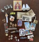 Vintage Junk Drawer Lot Baseball Cards, Religious,Toys, Wheat Pennies, Military