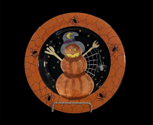 Laurie Gates Halloween Pumpkin Snowman Spiders Orange And Black Dinner Plate