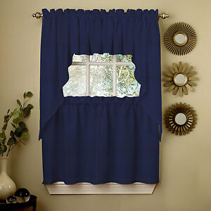 Navy Solid Opaque Ribcord Kitchen Curtains - Choice of Tiers Valance or Swag